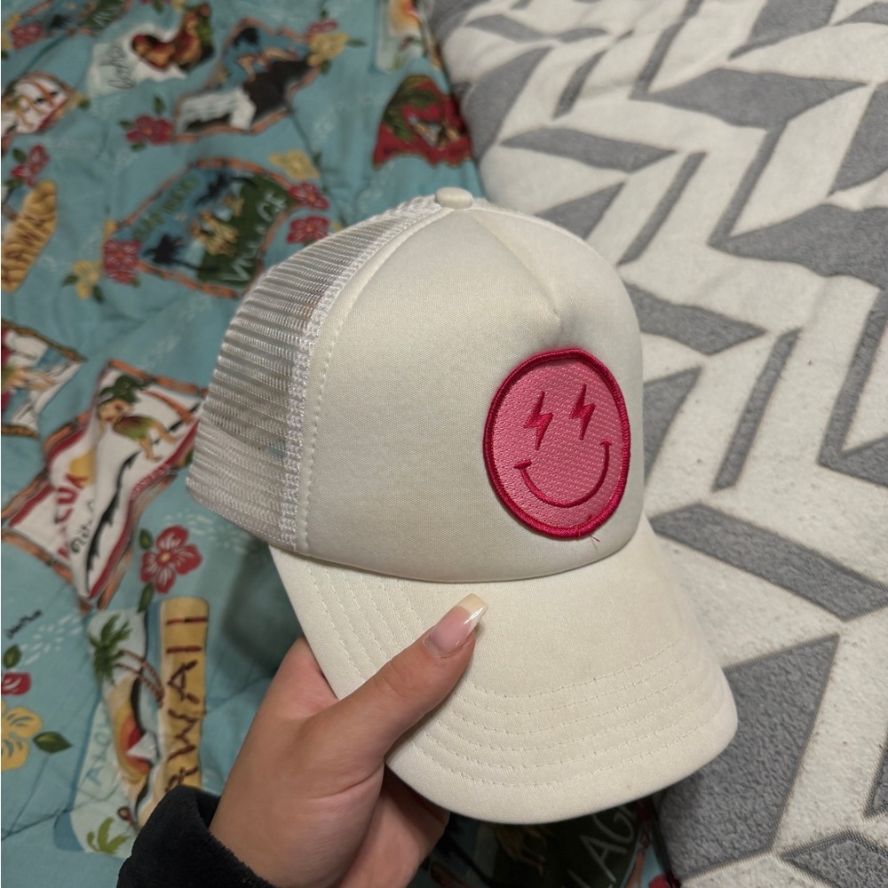 White Trucker Hat with Pink Smiley Face